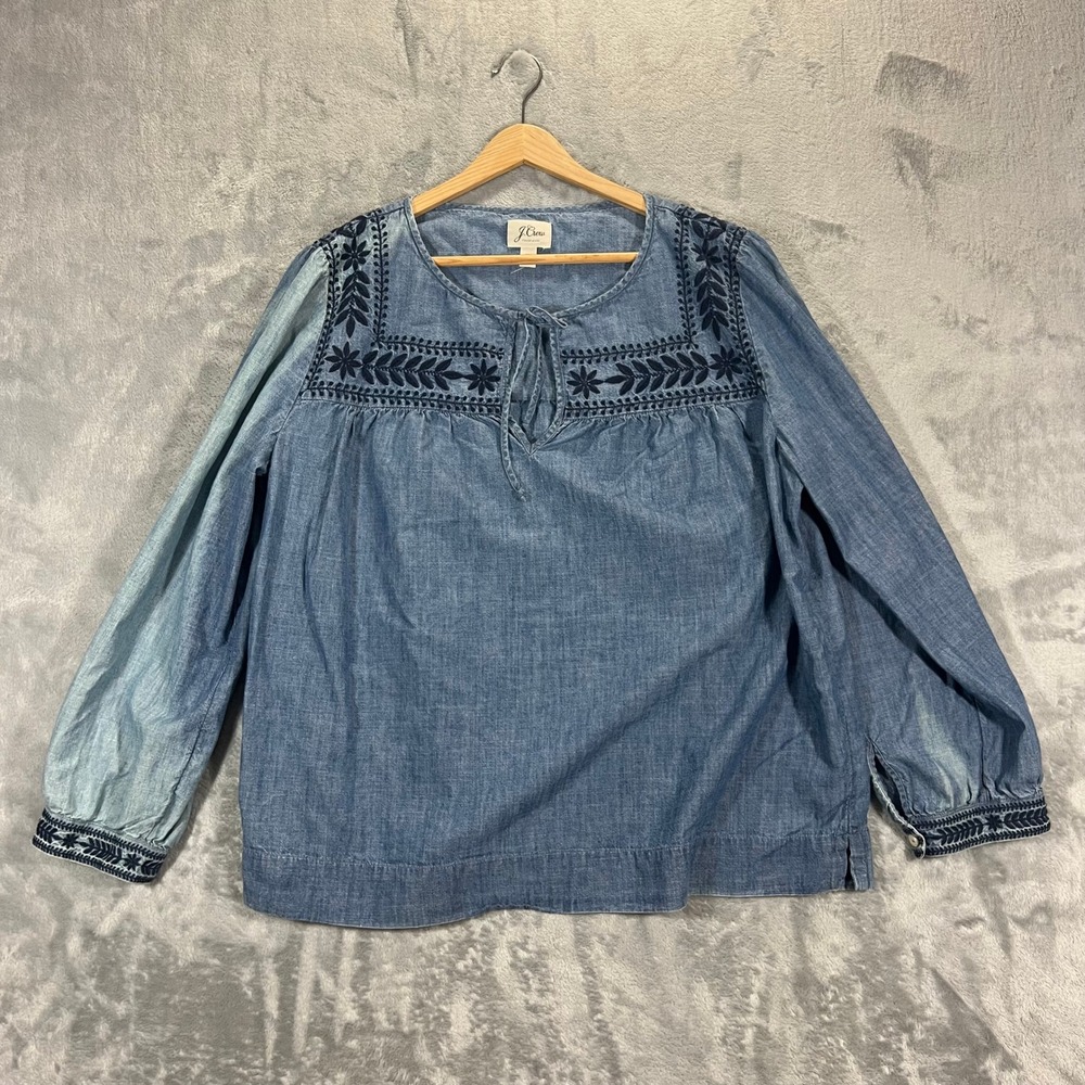 J.Crew Chambray Embroidered Peasant Blouse Womens XL Blue Boho Floral H6744